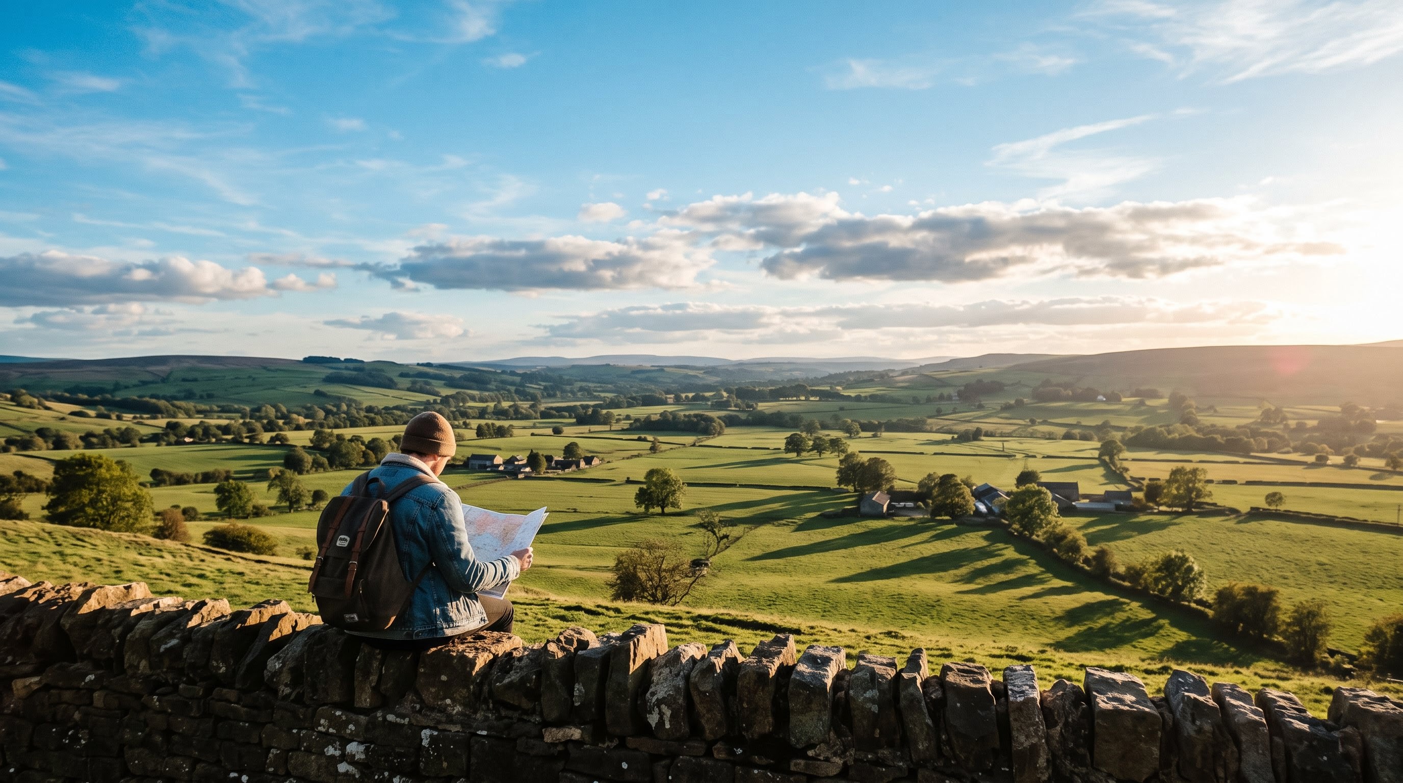 A lone traveller sitting on a low stone wall overlooking a green valley, back to the camera, paper map open across their knees, scattered clouds throwing patchwork shadows on distant fields, bright airy blue and meadow-green palette, wide landscape framing with figure small at lower left