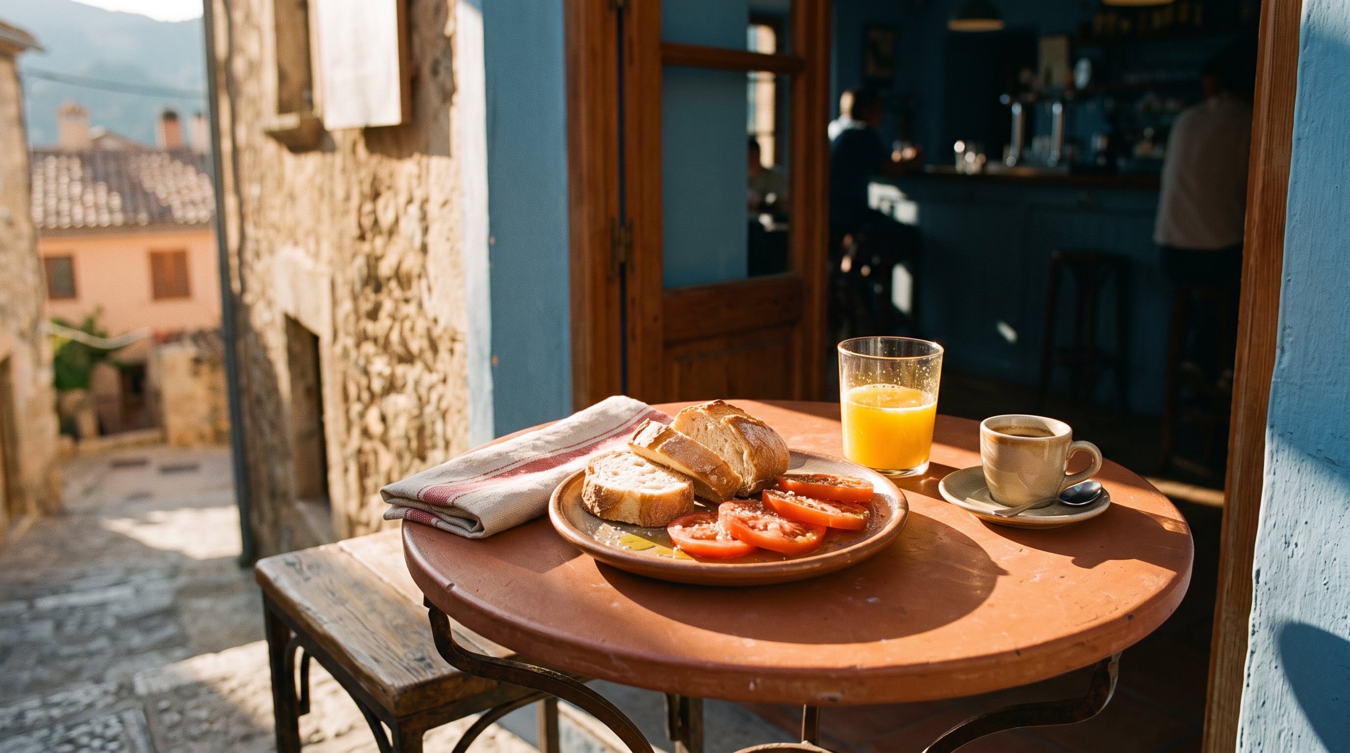 A small round cafe table by an open doorway, plate of bread and sliced tomato beside a glass of orange juice and a espresso cup, sunlight falling in a hard diagonal across the tablecloth, terracotta and cream palette, close overhead-angled framing with shallow depth