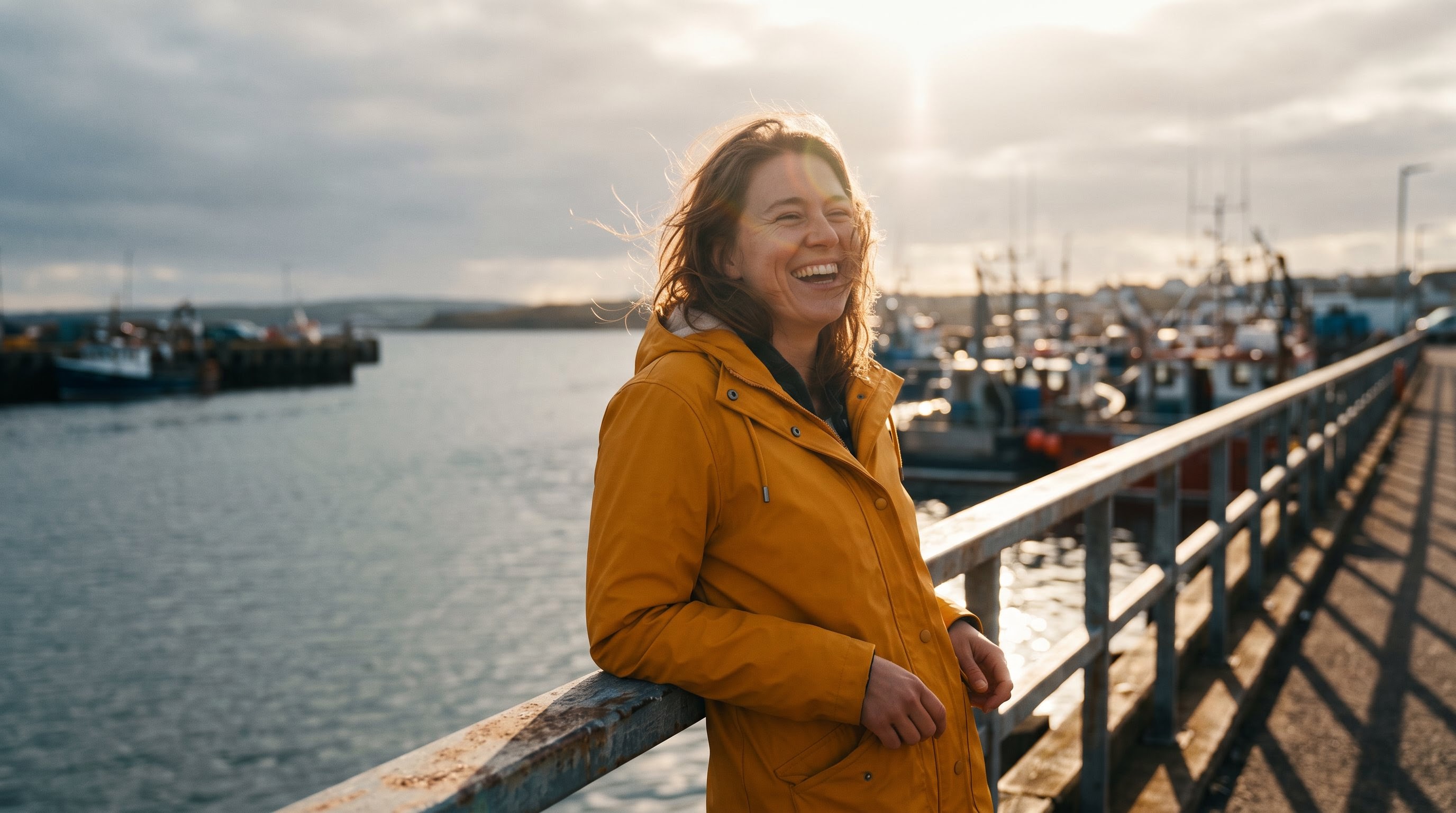 A traveller in a mustard-yellow rain jacket leaning on a harbour railing, laughing, wind in their hair, blurred fishing boats and grey-blue water behind, overcast diffuse light with one warm break of sun, muted blue palette lifted by the yellow jacket, medium portrait framing from the chest up