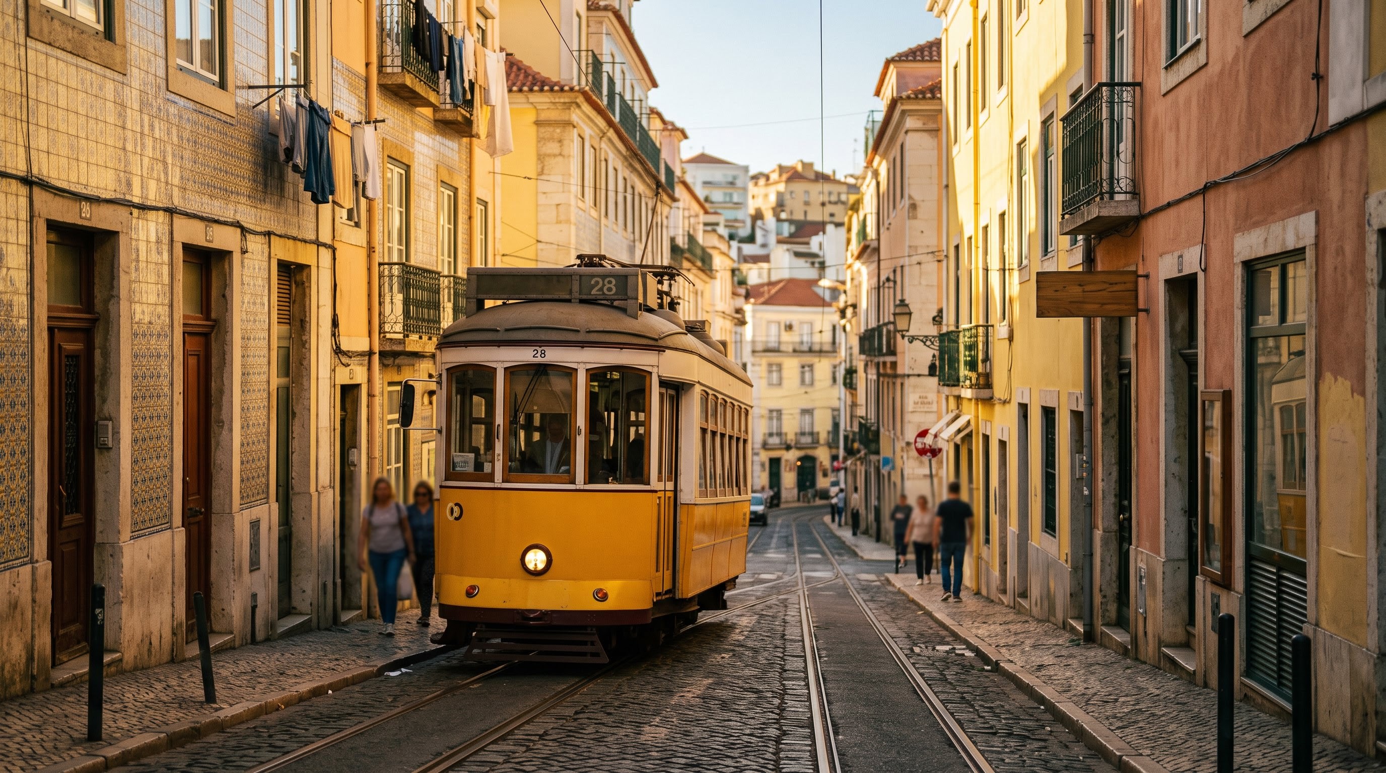 A yellow vintage tram climbing a steep narrow cobblestone street in Lisbon, pastel tiled buildings crowding both sides, laundry strung overhead, warm late-afternoon sun raking across the facades, saturated golden and butter-yellow palette, wide three-quarter street-level framing