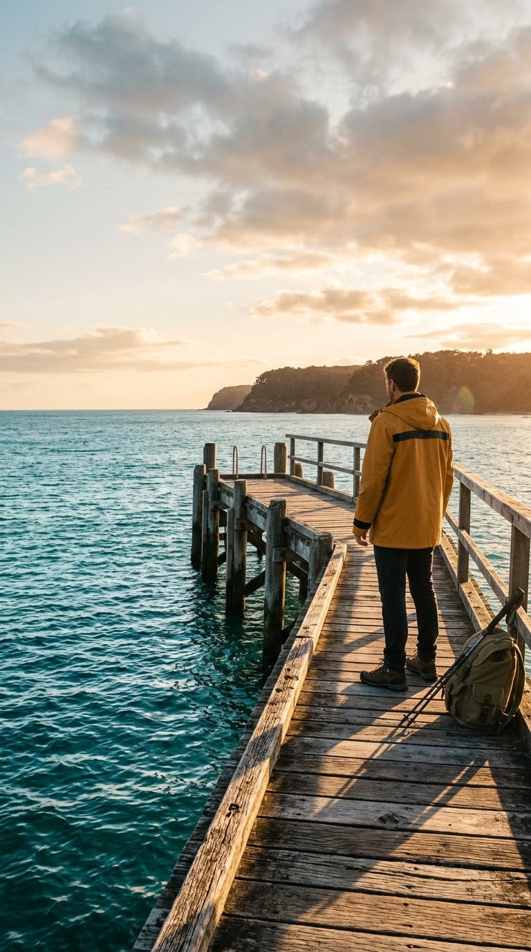 AI_IMAGE: A lone traveler in a mustard-yellow rain jacket standing at the end of a weathered wooden pier over turquoise ocean water, arms loose, backpack at their feet, low late-afternoon sun raking in from the right with long shadows and a soft lens flare, warm saturated golden-hour grade skewed to burnt terracotta highlights and deep cerulean sea, distant headland and scattered clouds, deep uncrushed shadows, gentle 35mm film grain, vertical framing with the figure offset to the right third and open sky to the left | primary hero photograph for the Sunflower travel blog homepage, sitting beside the headline collage as a rounded-corner journal print | photorealistic | portrait