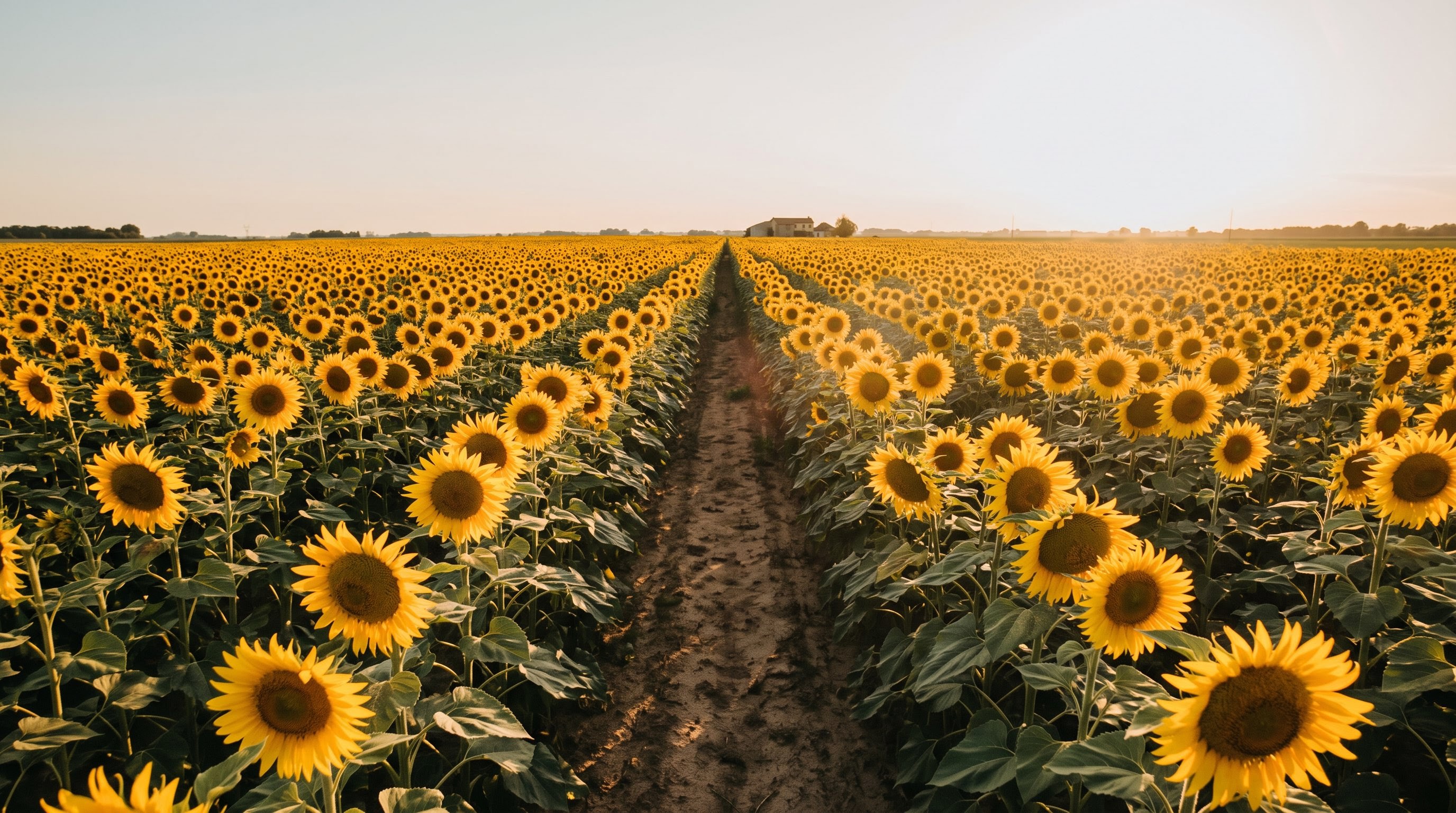 Endless field of sunflowers turned toward a low sun, a narrow dirt track cutting through the middle toward a distant farmhouse, hazy warm light, vivid yellow and sage-green palette with pale washed sky, low camera angle just above flower height, centred one-point perspective