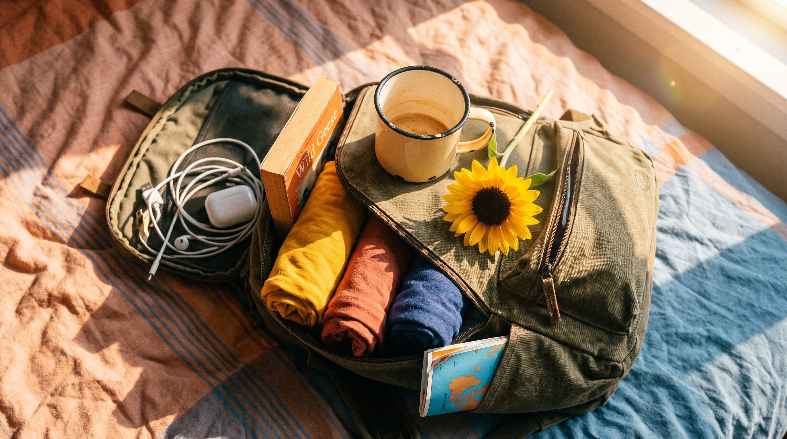 Overhead flat lay of a half-packed backpack on a rumpled bed, rolled t-shirts, a paperback, tangled charging cables, a chipped enamel mug and a sunflower laid on top, soft morning window light, cheerful yellow and warm neutral palette, square top-down framing